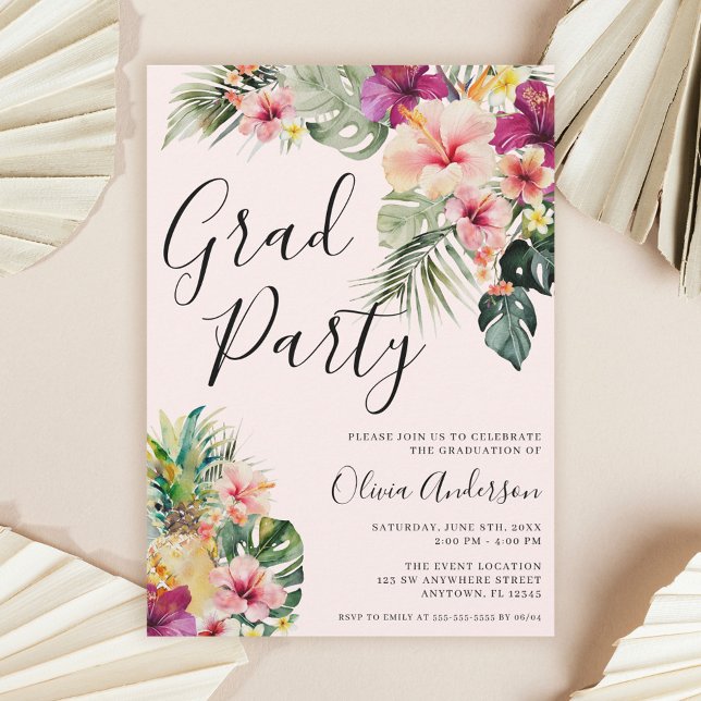 Invitación Modern Tropical Floral Pink Graduation Party (Subido por el creador)
