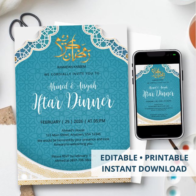 Invitación Modern Turquoise Geometric Islamic Iftar (Subido por el creador)