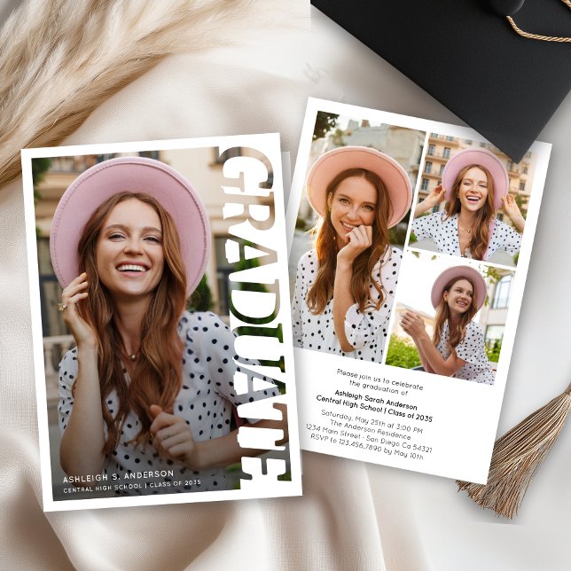 Invitación Modern Typography Graduate 3 Photo Collage (Subido por el creador)