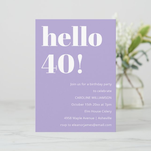 Invitación Modern Typography Lavender 40th Birthday Party (Anverso de pie)