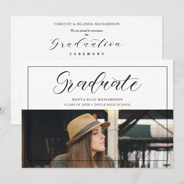 Invitación Modern Typography Script Photo Graduate Graduation (Anverso / Reverso)