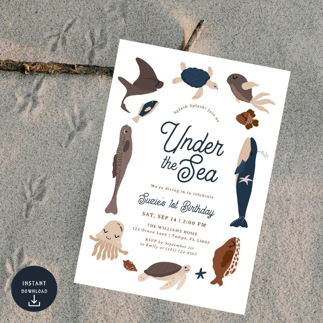 Invitación Modern Under the Sea 1st Birthday (Subido por el creador)