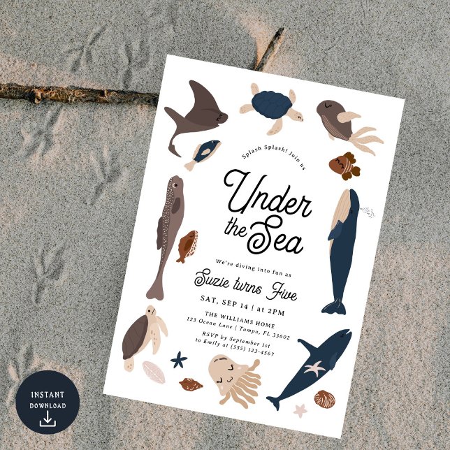 Invitación Modern Under the Sea 5th Birthday (Subido por el creador)