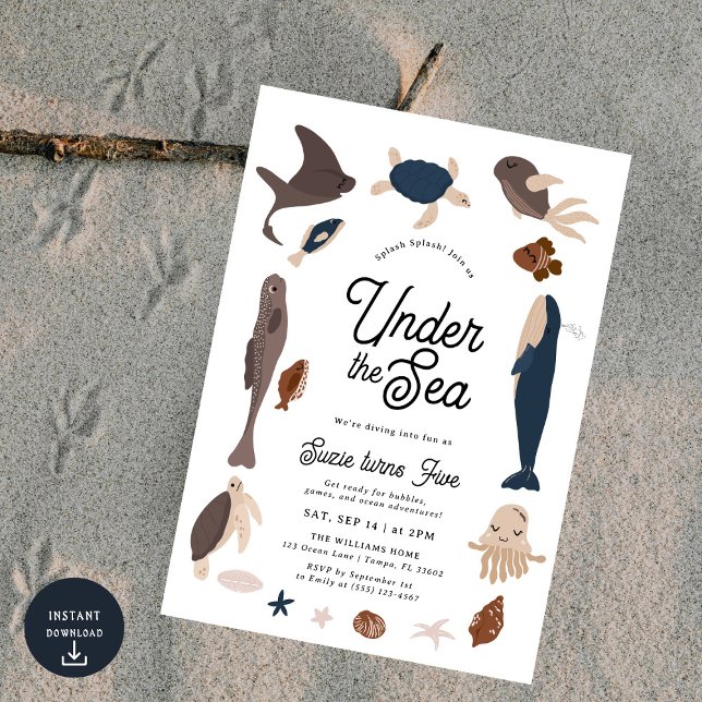 Invitación Modern Under the Sea 5th Birthday (Subido por el creador)