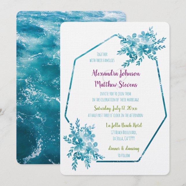 Invitación Modern Vibrant Photo Ocean Blue Floral Wedding (Anverso / Reverso)