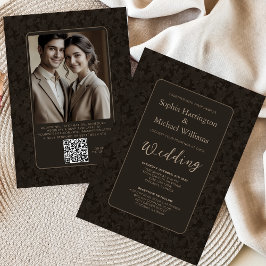 Invitación Modern Vintage Black Brown Wedding Invite QR Code