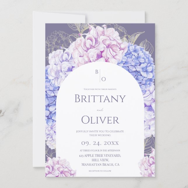 Invitación Modern Watercolor Blue & Lavender Florals Wedding (Anverso)