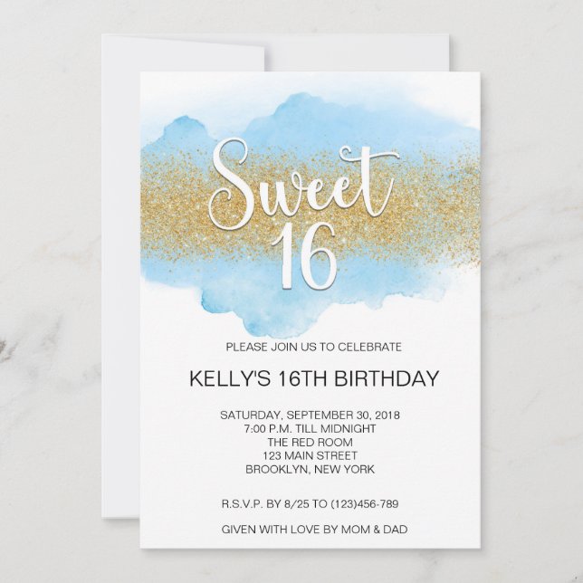 Invitación Modern Watercolor Blue Sweet 16 Sixteen (Anverso)