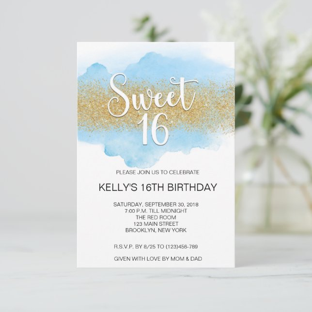 Invitación Modern Watercolor Blue Sweet 16 Sixteen (Anverso de pie)