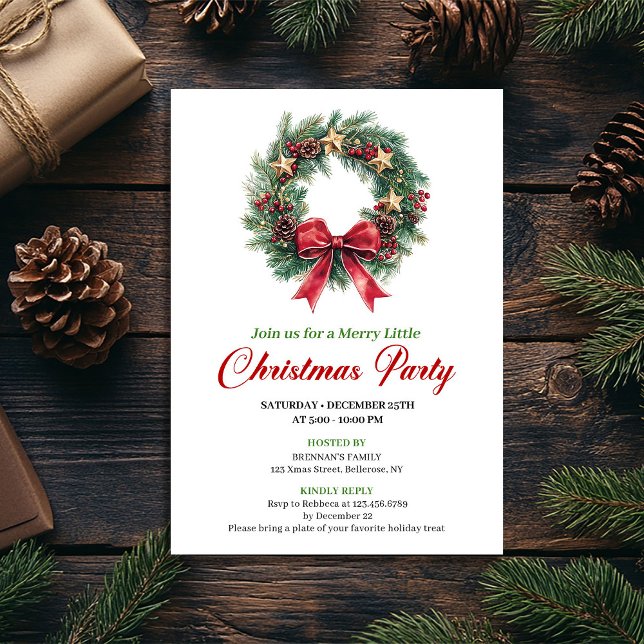 Invitación Modern Watercolor Christmas Wreath Party Card (Modern Watercolor Christmas Wreath Party Card)