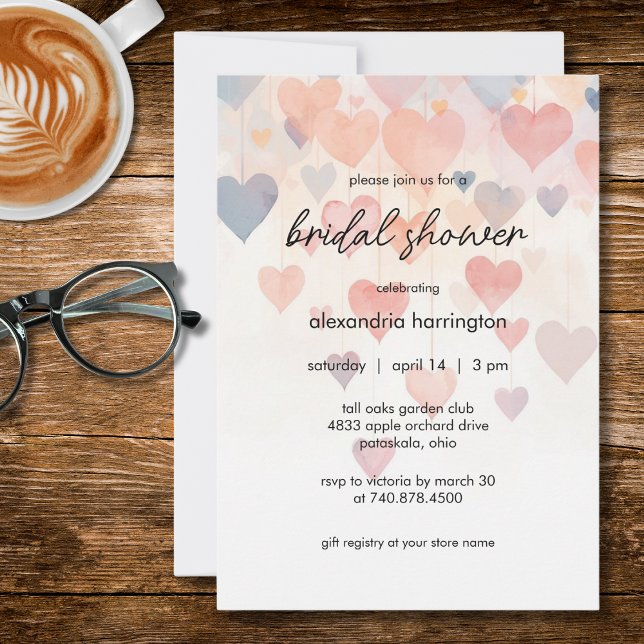 Invitación Modern Watercolor Hearts Bridal Shower (Subido por el creador)