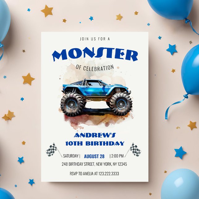 Invitación Modern Watercolor Monster Truck Blue Boy Birthday  (Subido por el creador)