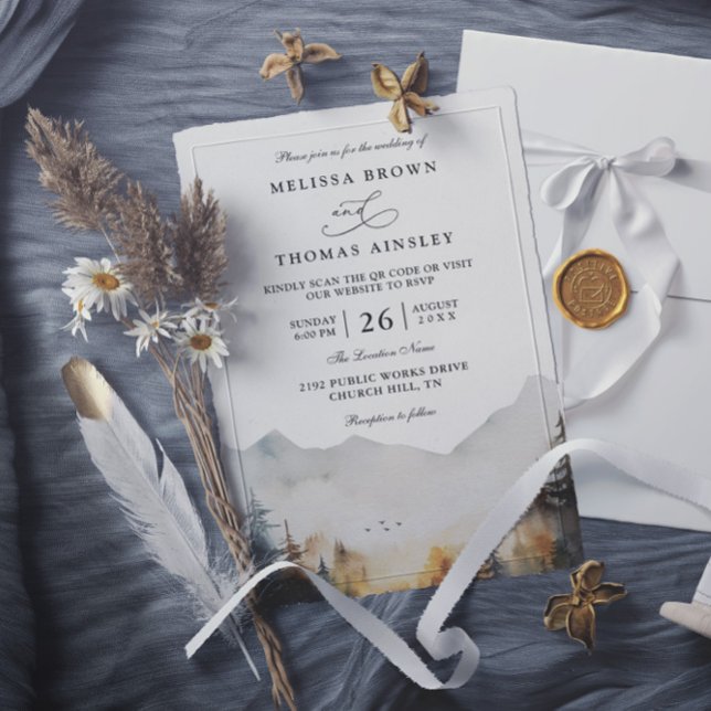 Invitación Modern Watercolor Mountain Elegant QR Code Wedding (Subido por el creador)