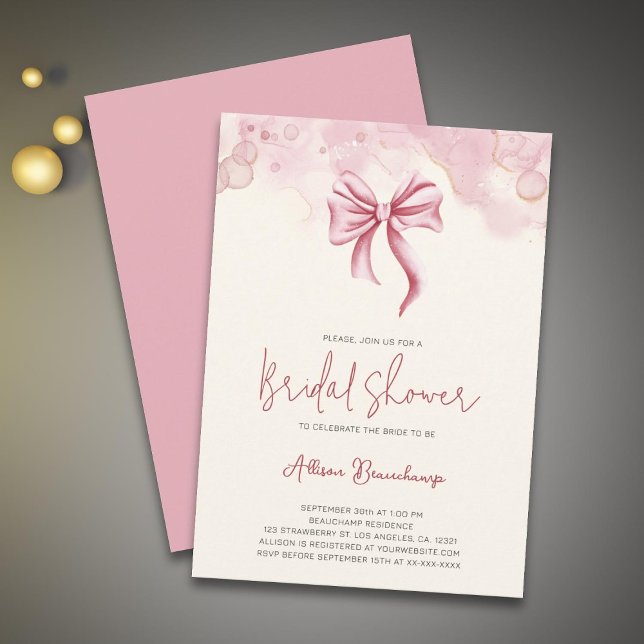 Invitación Modern Watercolor Pink Bow Bridal Shower Party (Subido por el creador)