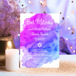Invitación Modern Watercolor Purple Blue Star BAT MITZVAH<br><div class="desc">Beautiful religious Jewish Bat Mitzvah invitation cards.  Light watercolor pastel purple,  violet,  blue,  turquoise with star of David in white.  Modern script letters. 'Is called to the TORAH as a Bar Mitzvah'. Perfect for 12 year old daughter,  girl. Easy to edit - just add your information / text.</div>