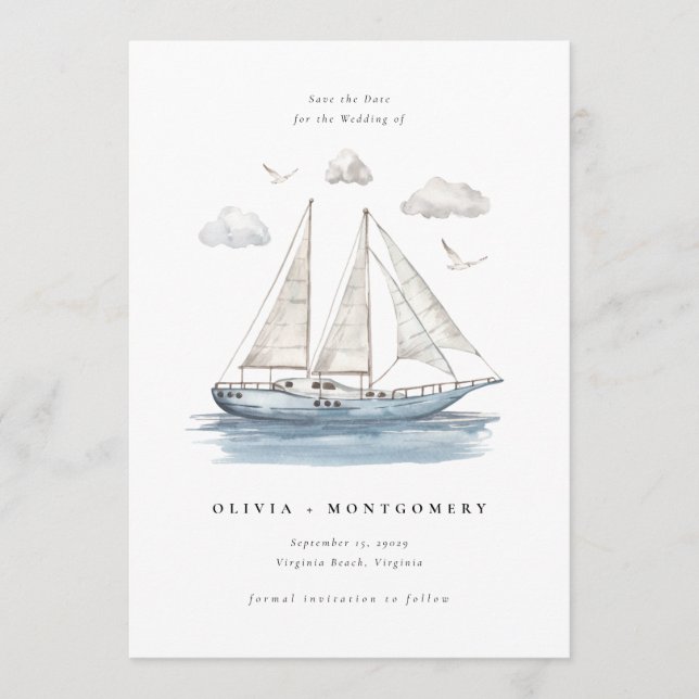 Invitación Modern Watercolor Sailing Yacht Save the Date  (Anverso)