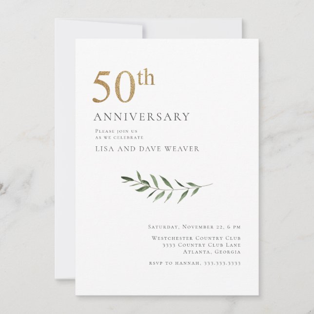 Invitación Modern Watercolor Verde Dorado 50 Aniversario (Anverso)