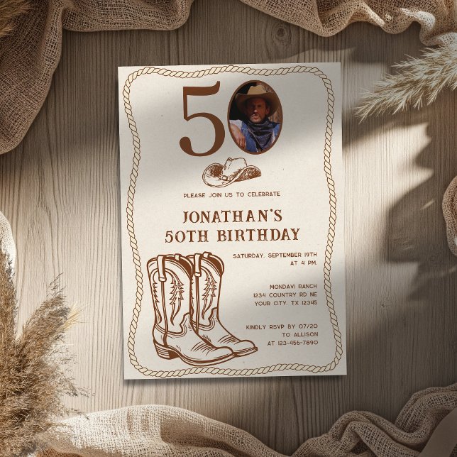Invitación Modern Western Cowboy Boots 40 50 Photo Birthday (Subido por el creador)