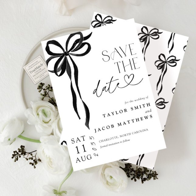 Invitación Modern Whimsical Black Bow Script Save the Date (Subido por el creador)