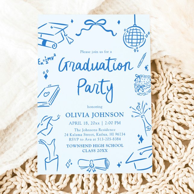 Invitación Modern Whimsical Hand Drawn Blue Graduation Party (Modern Whimsical Hand Drawn Blue Graduation Party Invitation)