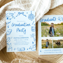 Invitación Modern Whimsical Hand Drawn Blue Graduation Party