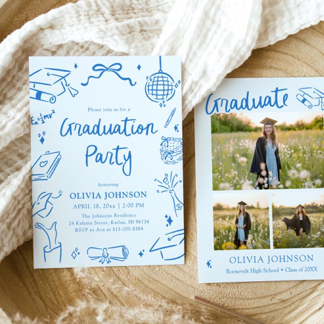 Invitación Modern Whimsical Hand Drawn Blue Graduation Party (Modern Whimsical Hand Drawn Blue Graduation Party Invitation)