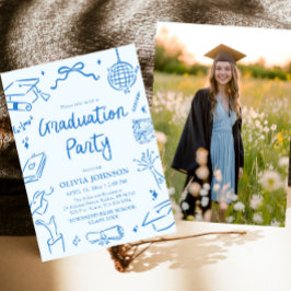 Invitación Modern Whimsical Hand Drawn Blue Graduation Party