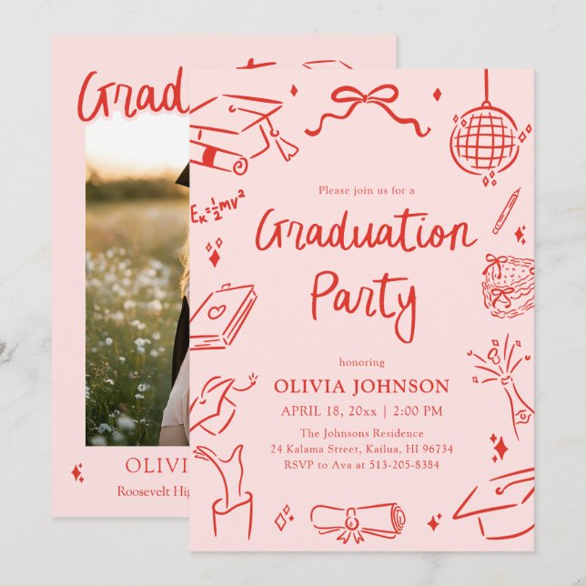 Invitación Modern Whimsical Hand Drawn Bow Graduation Party (Anverso / Reverso)