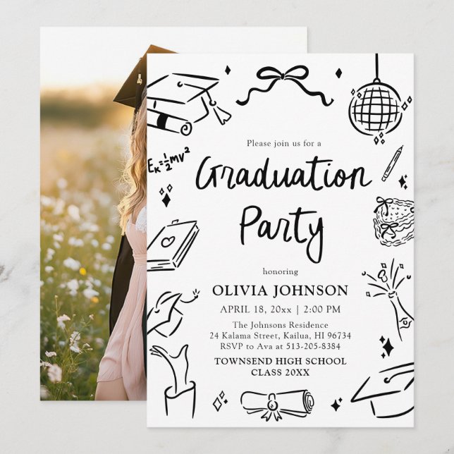Invitación Modern Whimsical Hand Drawn Bow Graduation Party (Anverso / Reverso)
