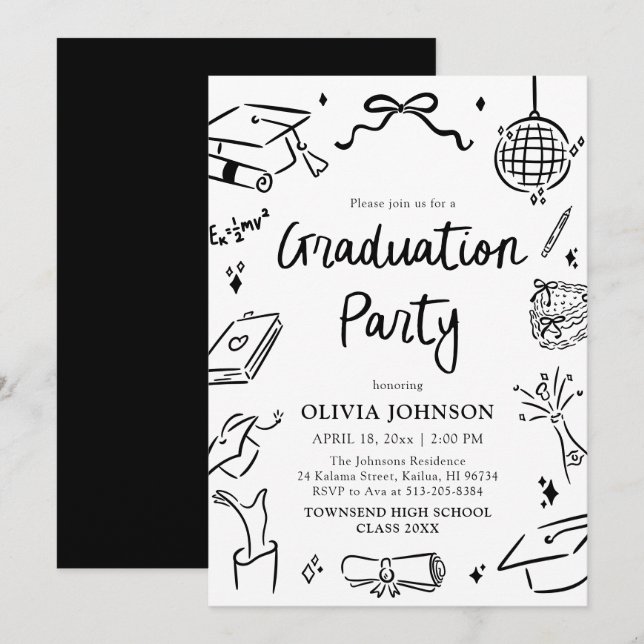 Invitación Modern Whimsical Hand Drawn Bow Graduation Party (Anverso / Reverso)