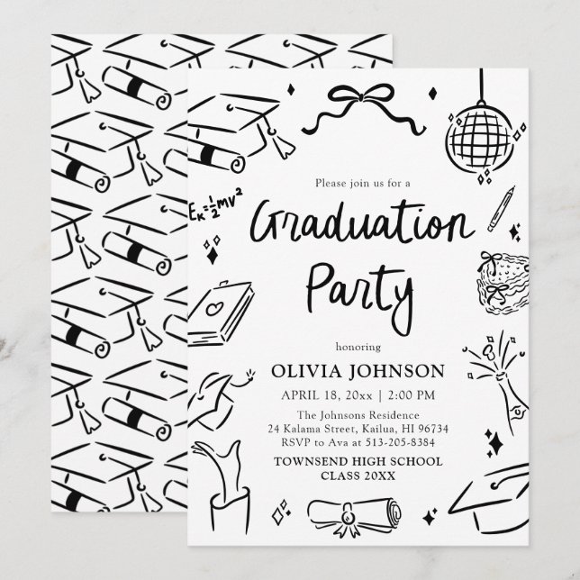 Invitación Modern Whimsical Hand Drawn Bow Graduation Party (Anverso / Reverso)