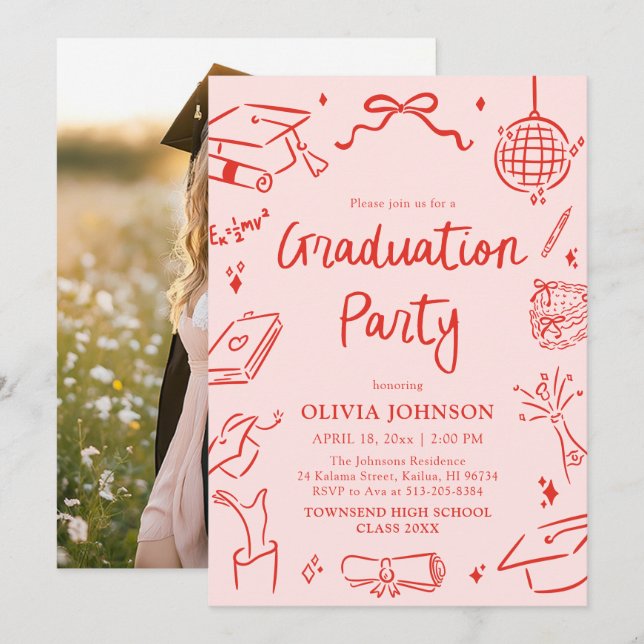 Invitación Modern Whimsical Hand Drawn Bow Graduation Party (Anverso / Reverso)