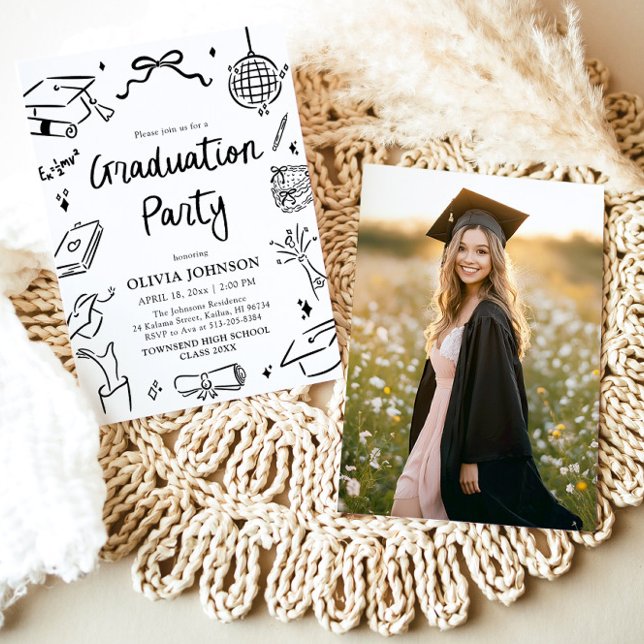 Invitación Modern Whimsical Hand Drawn Bow Graduation Party (Modern Whimsical Hand Drawn Bow Graduation Party Invitation)