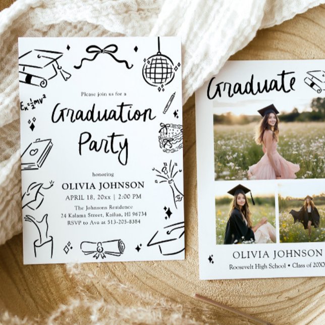 Invitación Modern Whimsical Hand Drawn Bow Graduation Party  (Modern Whimsical Hand Drawn Bow Graduation Party Invitation)