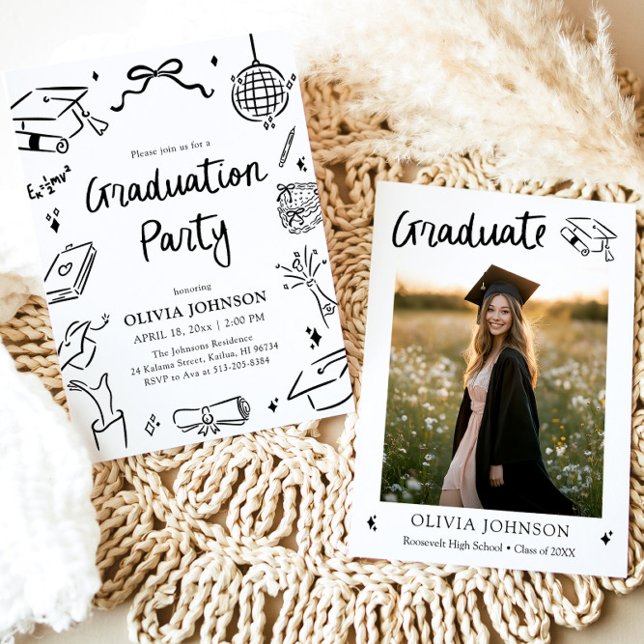 Invitación Modern Whimsical Hand Drawn Bow Graduation Party (Modern Whimsical Hand Drawn Bow Graduation Party Invitation)