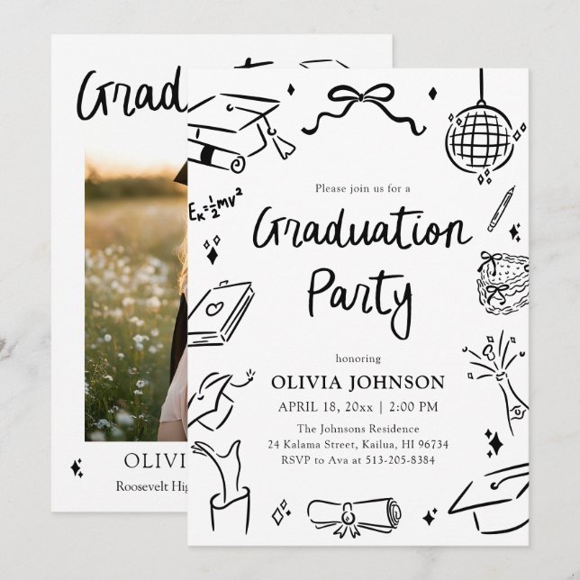 Invitación Modern Whimsical Hand Drawn Bow Graduation Party (Anverso / Reverso)