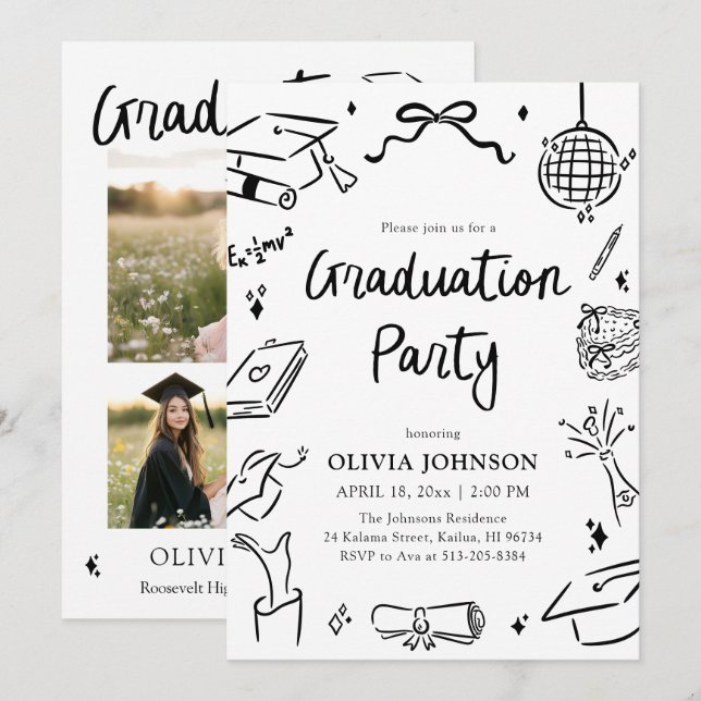 Invitación Modern Whimsical Hand Drawn Bow Graduation Party I (Anverso / Reverso)