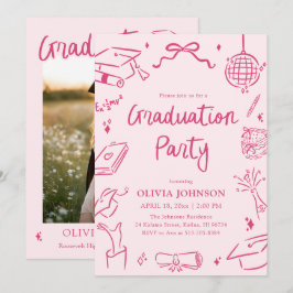 Invitación Modern Whimsical Hand Drawn Pink Graduation Party