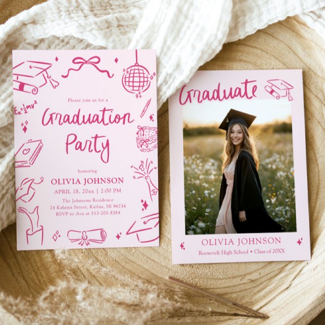 Invitación Modern Whimsical Hand Drawn Pink Graduation Party (Modern Whimsical Hand Drawn Pink Graduation Party Invitation)
