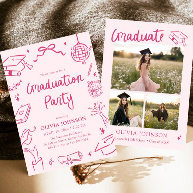Invitación Modern Whimsical Hand Drawn Pink Graduation Party (Modern Whimsical Hand Drawn Pink Graduation Party Invitation)