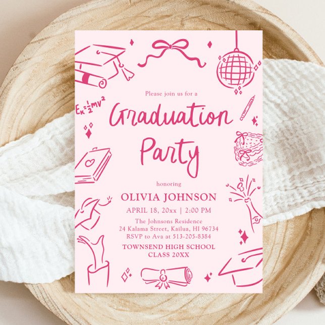 Invitación Modern Whimsical Hand Drawn Pink Graduation Party (Modern Whimsical Hand Drawn Pink Graduation Party Invitation)