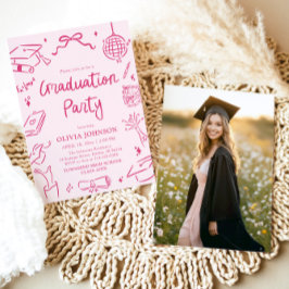 Invitación Modern Whimsical Hand Drawn Pink Graduation Party