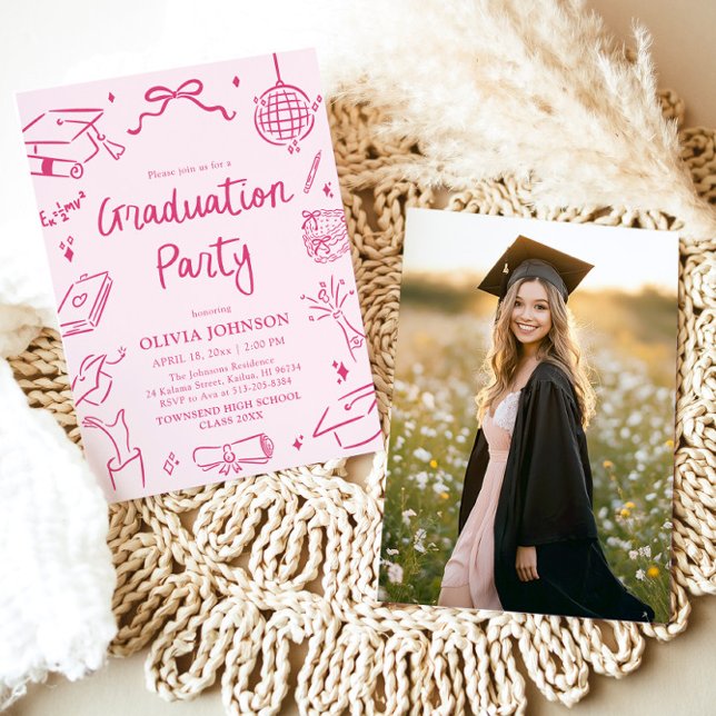 Invitación Modern Whimsical Hand Drawn Pink Graduation Party (Modern Whimsical Hand Drawn Pink Graduation Party Invitation)