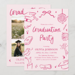 Invitación Modern Whimsical Hand Drawn Pink Graduation Party