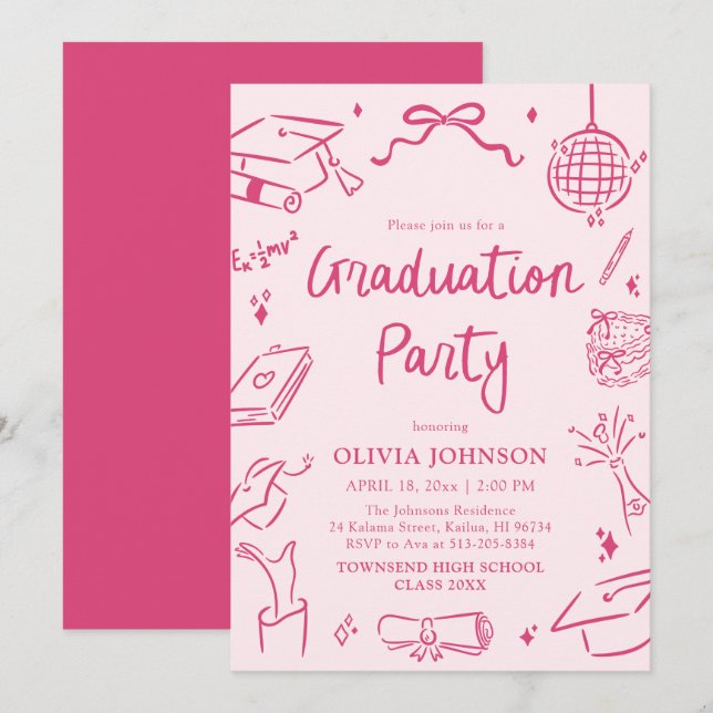 Invitación Modern Whimsical Hand Drawn Pink Graduation Party (Anverso / Reverso)