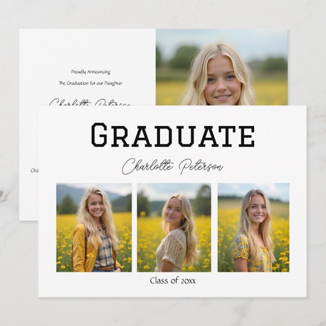 Invitación Modern White and Black Photo Grad Announcement (Anverso / Reverso)