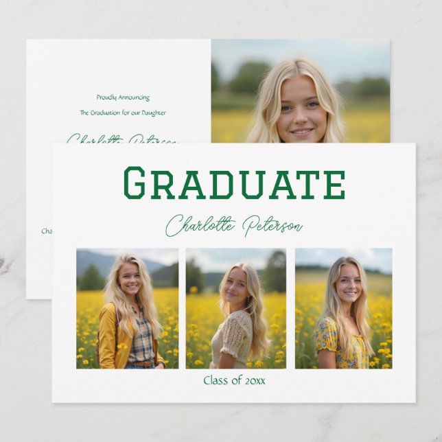 Invitación Modern White and Green Photo Grad Announcement (Anverso / Reverso)