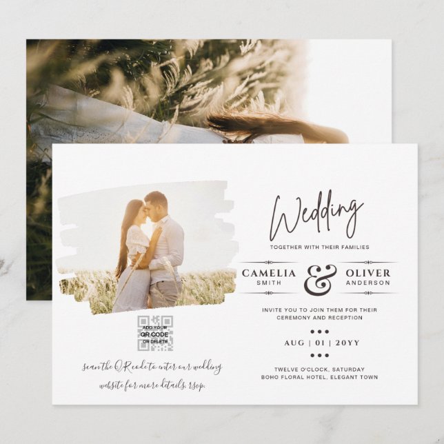 Invitación Modern White & Black PHOTO Wedding Invitation QR (Anverso / Reverso)