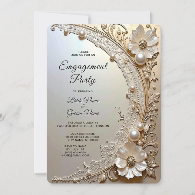 Invitación Modern White Flowers Pearls Engagement Invitation (Anverso)