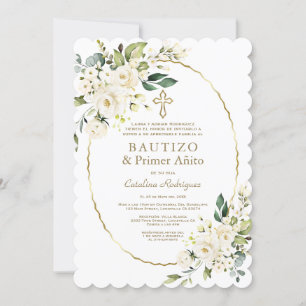Invitación Modern White Flowers Spanish 1st Birthday Baptism